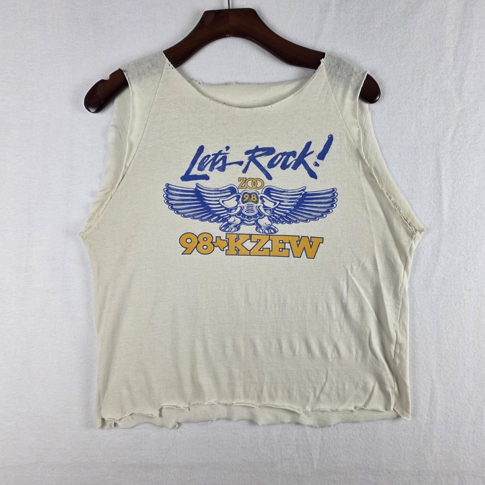 Vintage KZEW 98 Rock Radio Station Muscle Tee White Distressed Shirt Mens